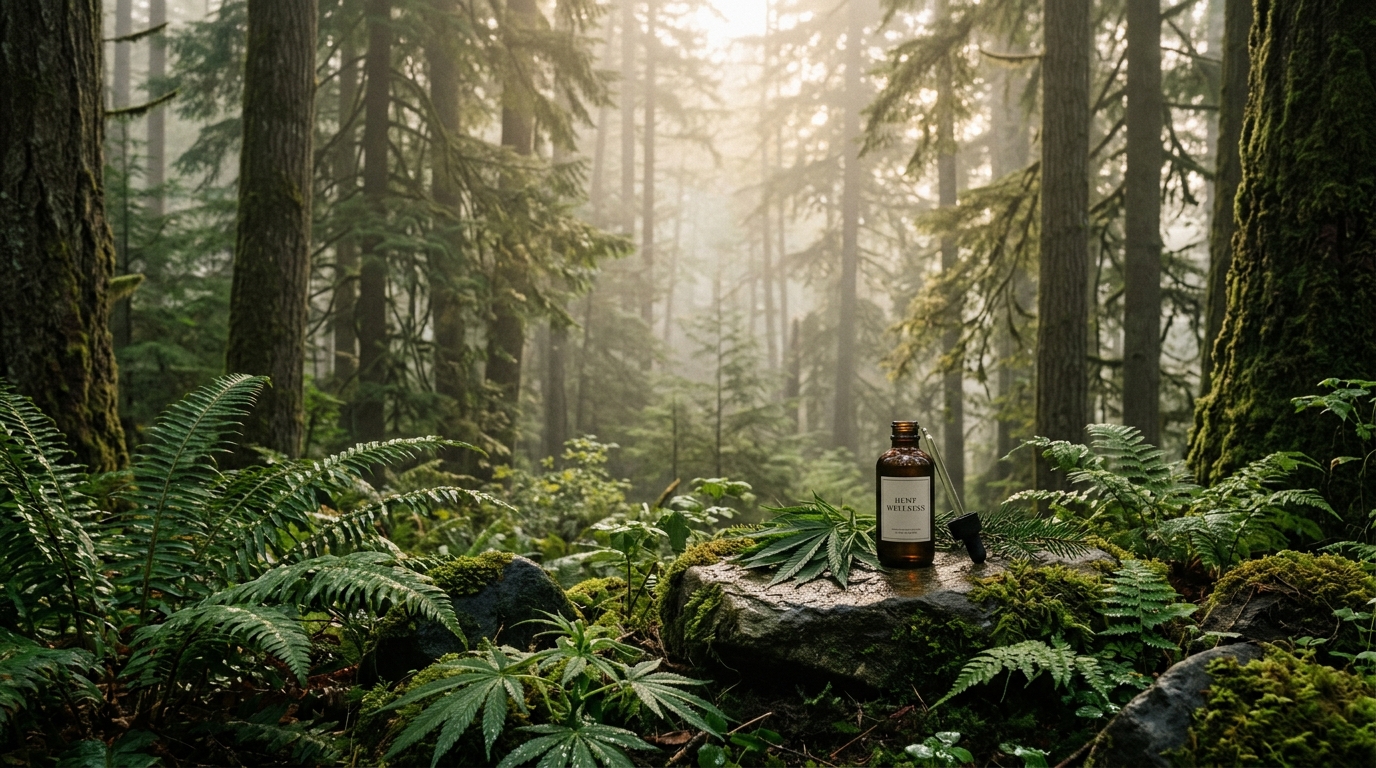 Misty Oregon old-growth forest at dawn — Leaf CNNBS regenerative hemp sourcing